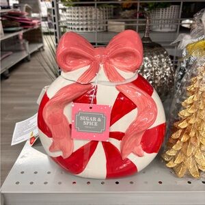 Red, pink and White Holiday Cookie Jar with bow